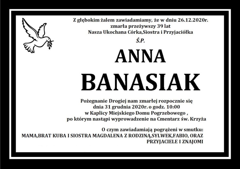 Ś.P. ANNA BANASIAK - zakład pogrzebowy Funeral - nekrolog