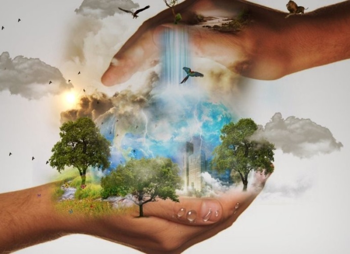zdjęcie na którym dłonie okalają zglob ziemski, widać drzewa, wodę i ptaki.