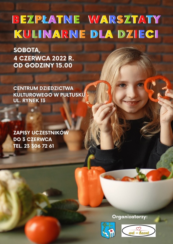 plakat zaproszenie na bezpłatne warsztaty kulinarne dla dzieci.