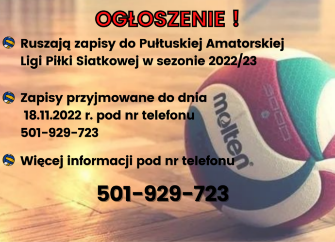 Zapisy do Pułtuskiej Amatorskiej Ligi Piłki Siatkowej (plakat)