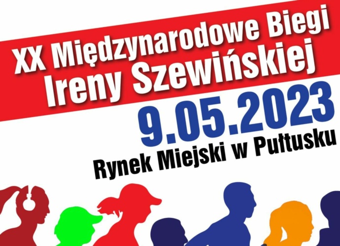 XX Miedzynarodowe Biegi Ireny Szewińskiej 9.05.2023r. Rynek Miejski w Pułtusku (baner)
