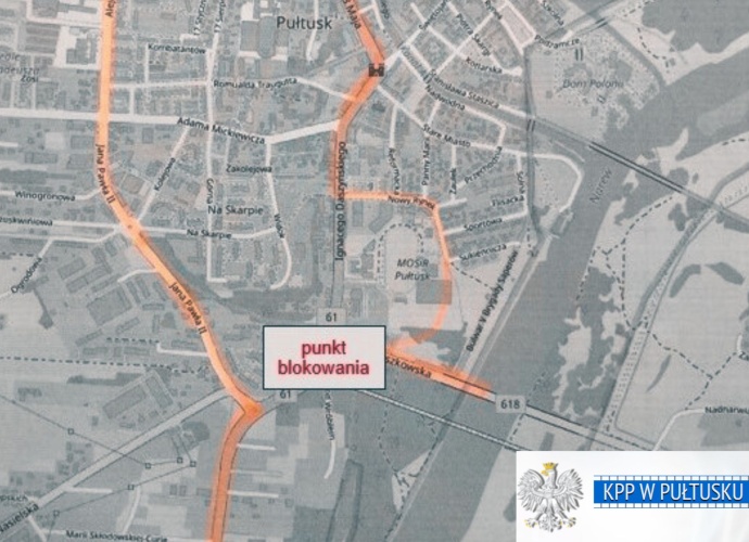 Mapa 1 dot. strajku rolników z zaznaczonym punktem blokowania - rondo Prezydenta Lecha Kaczyńskiego w Pułtusku