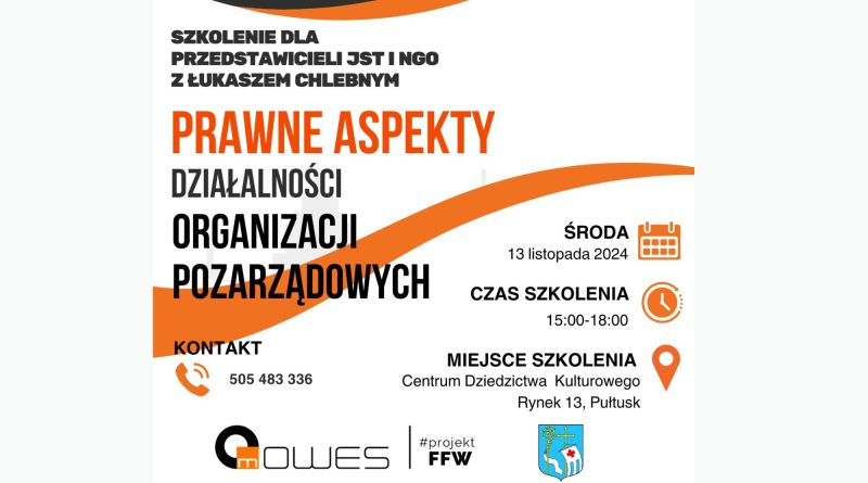 „Prawne aspekty działalności organizacji pozarządowych” – zapraszamy na szkolenie
