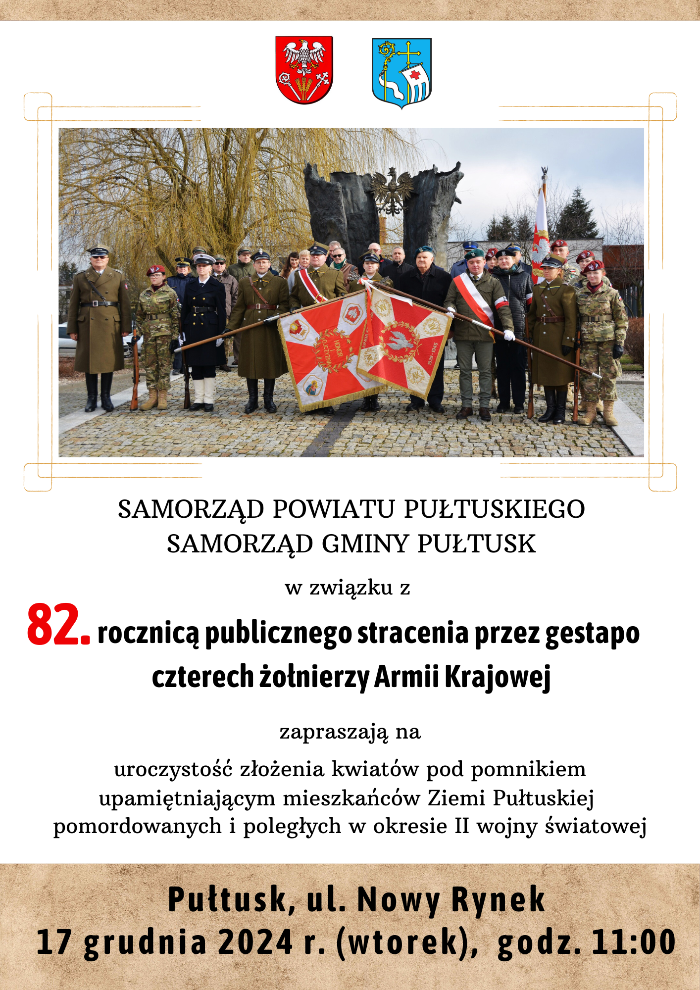 82.rocznica publicznego stracenia przez gestapo czterech żołnierzy Armii Krajowej - plakat