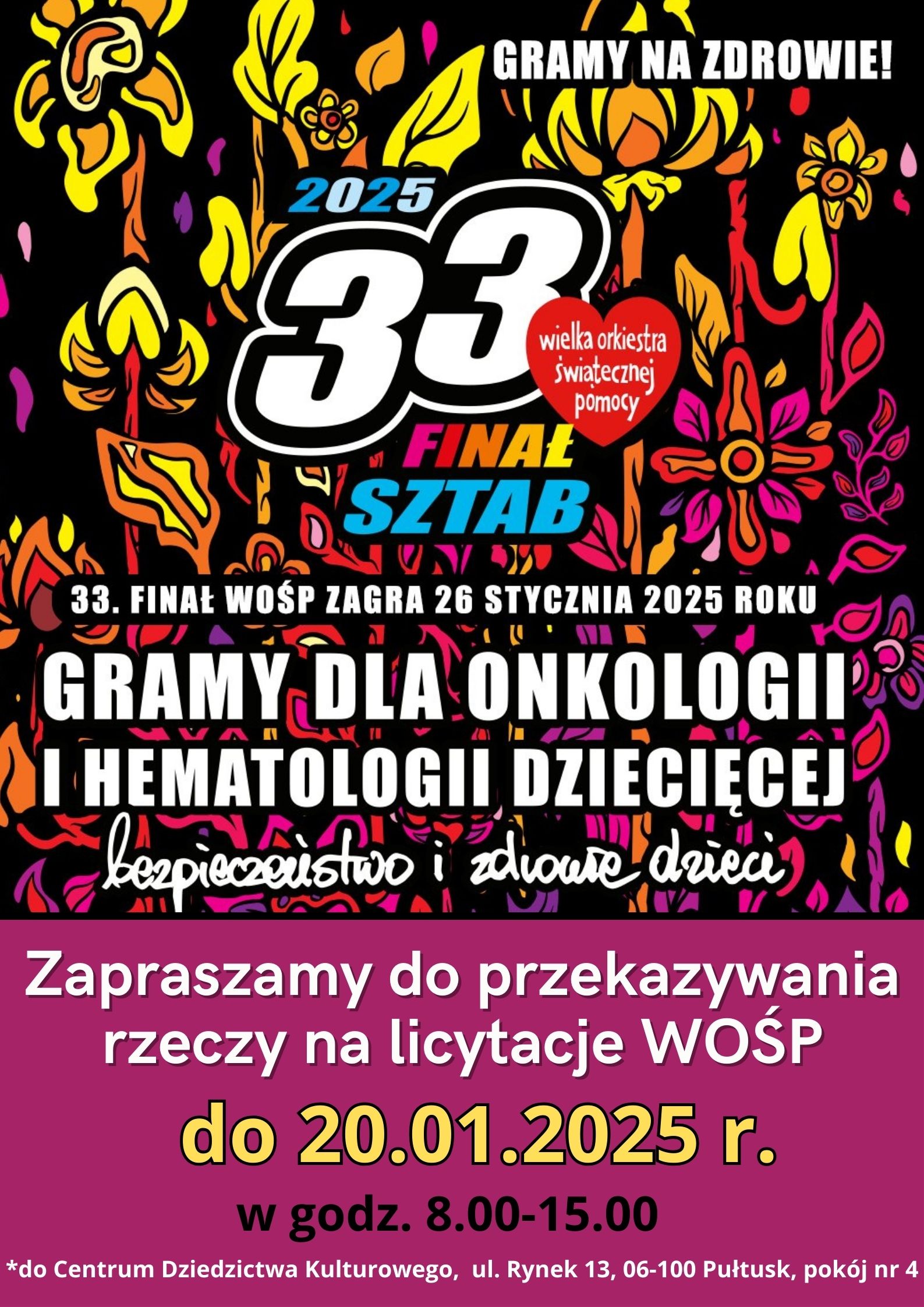 Wydłużony termin przekazywania darów na licytacje WOŚP do 20.01.2025 r. (plakat 1)