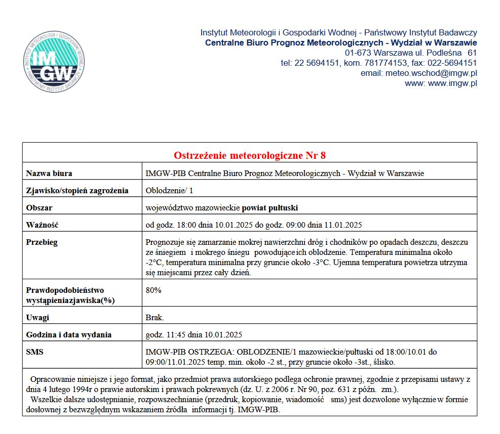 OSTRZEŻENIE O OBLODZENIU 10.01.2025 r.