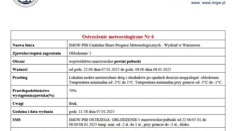 Ostrzeżenie o oblodzeniu 07.01.2025 r.