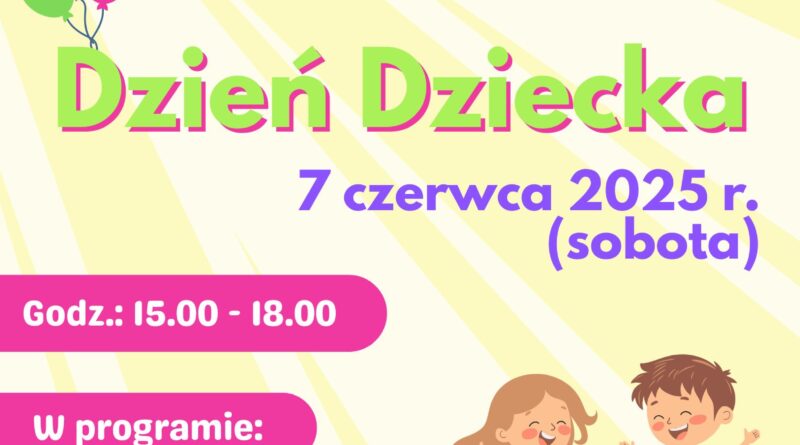 Plakat dot. obchodów Dnia Dziecka w Kacicach. Treść plakatu: na górze: Herb Gminy Pułtusk, poniżej treść: SAMORZĄD GMINY PUŁTUSK SOŁECTWO W KACICACH, KOŁO GOSPODYŃ WIEJSKICH "NAREW W KACICACH zapraszają na Dzień Dziecka 7 czerwca 2025 r. (sobota) Godz.: 15.00 - 18.00 W programie - zabawy z animatorem - dmuchańce - poczęstunek - zabawa taneczna Miejsce teren Świetlicy Wiejskiej w Kacicach