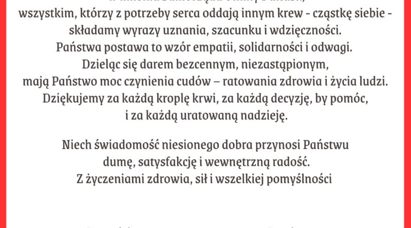 Życzenia z okazji Dnia Krwiodawcy