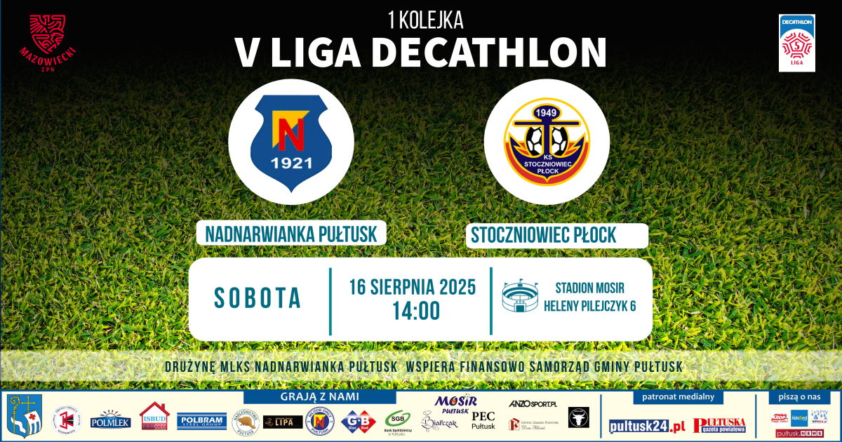 Mecz piłki nożnej Decathlon V ligi: MLKS Nadnarwianka Pułtusk – Stoczniowiec Płock plakat