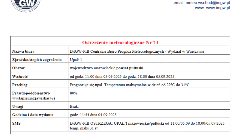 OSTRZEŻENIE O UPAŁACH 05.09.2025 r.