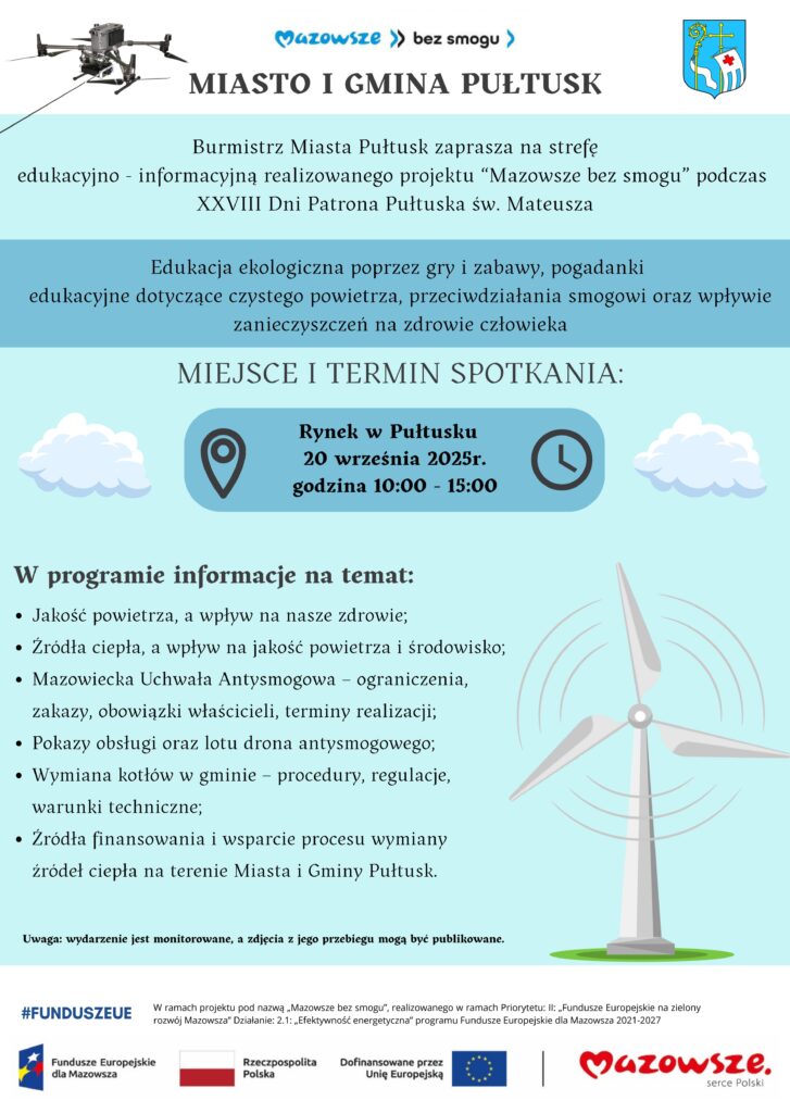 plakat z zaproszeniem na strefę edukacyjno - informacyjną projektu "Mazowsze bez smogu"
