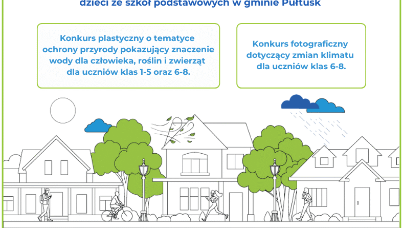 Plakat dot. konkursów plastycznych i fotograficznego. Treść plakatu: na górze: logo MIEJSKI PLAN ADAPTACJI SPOŁECZNEJ do zmian klimatu dla miasta Pułtusk, poniżej treść: Zapraszamy do udziału w konkursach plastycznym i fotograficznym dzieci ze szkół podstawowych w gminie Pułtusk Konkurs plastyczny o tematyce ochrony przyrody pokazujący znaczenie wody dla człowieka, roślin i zwierząt dla uczniów klas 1-5 i 6-8 Konkurs fotograficzny dotyczący zmian klimatu dla uczniów klas 6-8 Więcej informacji znajdziesz na stronie www.pultusk.pl, poniżej: logo Fundusze Europejskie na Infrastrukturę, Klimat, Środowisko, Flaga RP, logo Dofinansowane przez Unię Europejską