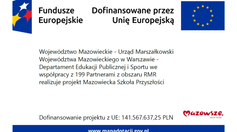 Informacja dot. dofinansowania. Treść informacji - na górze loga: Fundusze Europejskie oraz Dofinansowane przez Unię Europejską, poniżej treść: Województwo Mazowieckie- Urząd Marszałkowski Województwa Mazowieckiego w Warszawie- Departament Edukacji Publicznej i Sportu we współpracy z 199 Partnerami z obszaru RMR realizuje projekt Mazowiecka Szkoła Przyszłości, poniżej treść: Dofinansowanie projektu z UE: 141.567.637,25 PLN, obok logo Mazowsze serce Polski, poniżej adres: www.mapadotacji.gov.pl