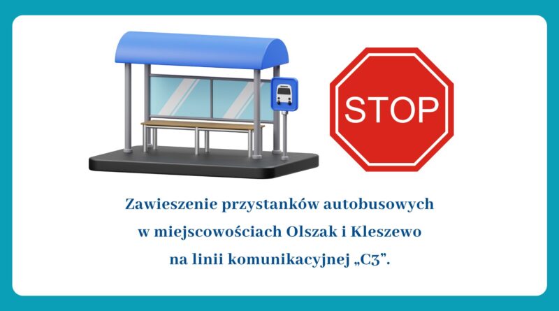 Informacja o zawieszeniu przystanków autobusowych w miejscowościach Olszak i Kleszewo na linii komunikacyjnej "C3" (Obrazek wyróżniający przedstawiający przystanek oraz znak STOP)
