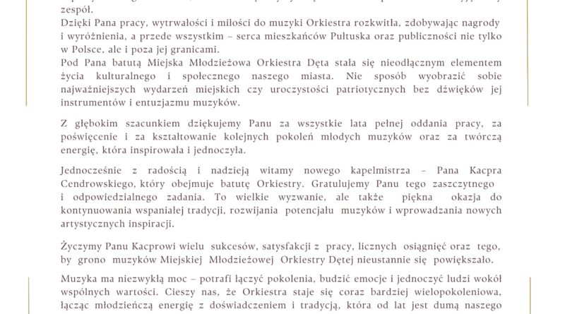 Podziękowanie i gratulacje dla kapelmistrzów Miejskiej Młodzieżowej Orkiestry Dętej Ochotniczej Straży Pożarnej w Pułtusku