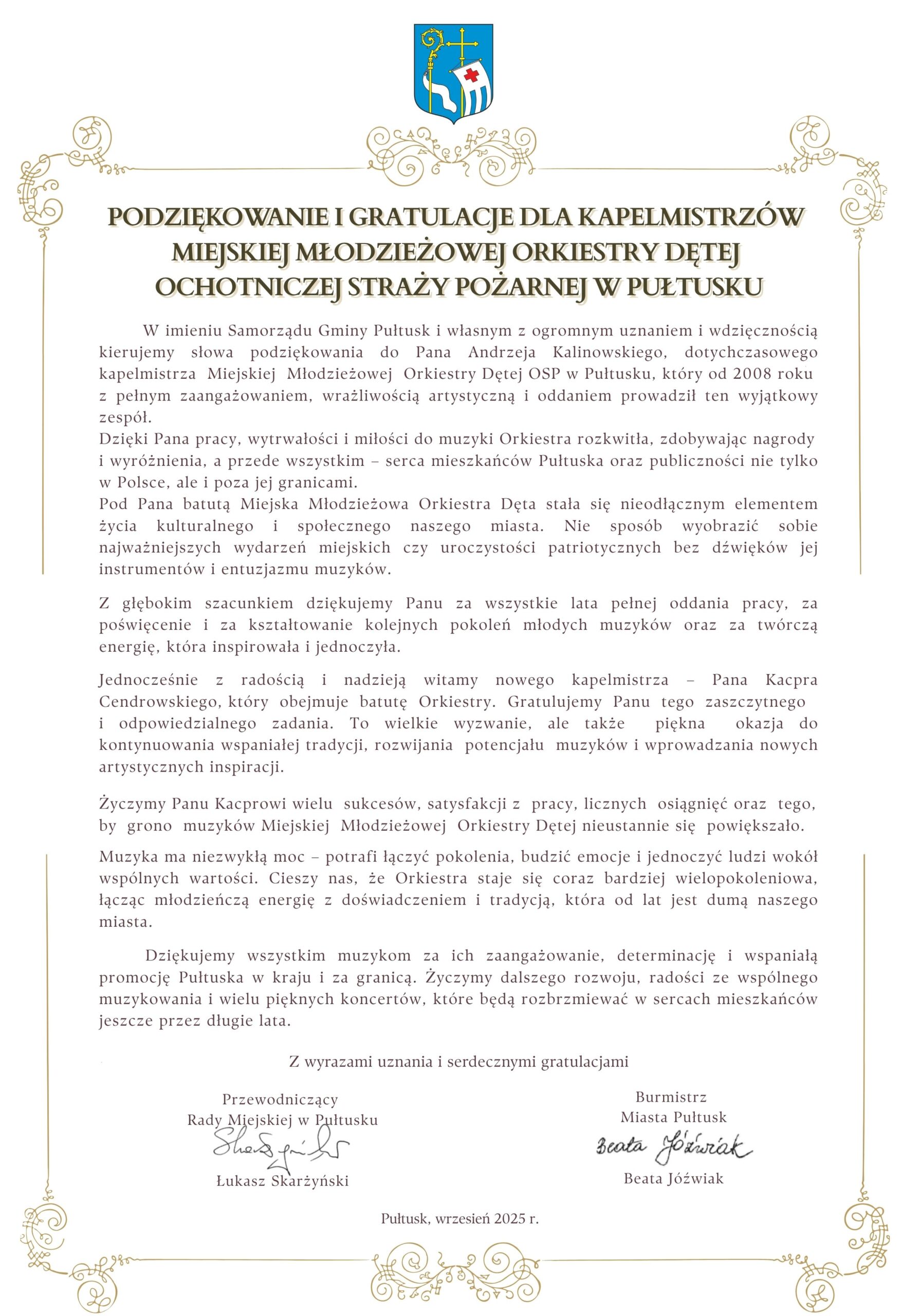 Podziękowanie i gratulacje dla kapelmistrzów Miejskiej Młodzieżowej Orkiestry Dętej Ochotniczej Straży Pożarnej w Pułtusku