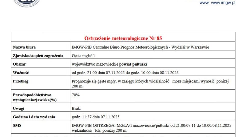 Ostrzeżenie o gęstej mgle