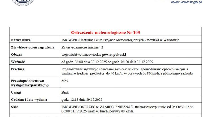 OSTRZEŻENIE O ZAWIEJACH I ZAMIECIACH ŚNIEŻNYCH 29.12.2025 r.