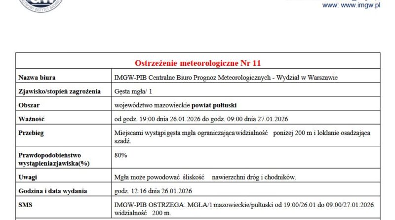 OSTRZEŻENIE O GĘSTEJ MGLE 26.01.2026 r.