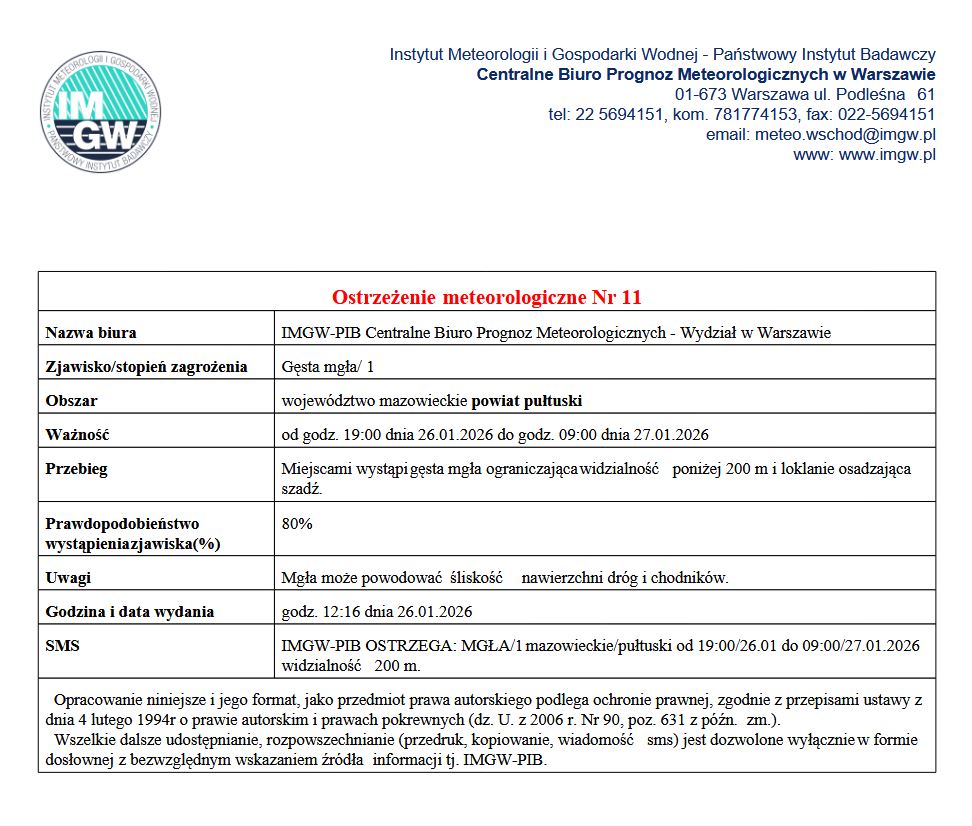 OSTRZEŻENIE O GĘSTEJ MGLE 26.01.2026 r.