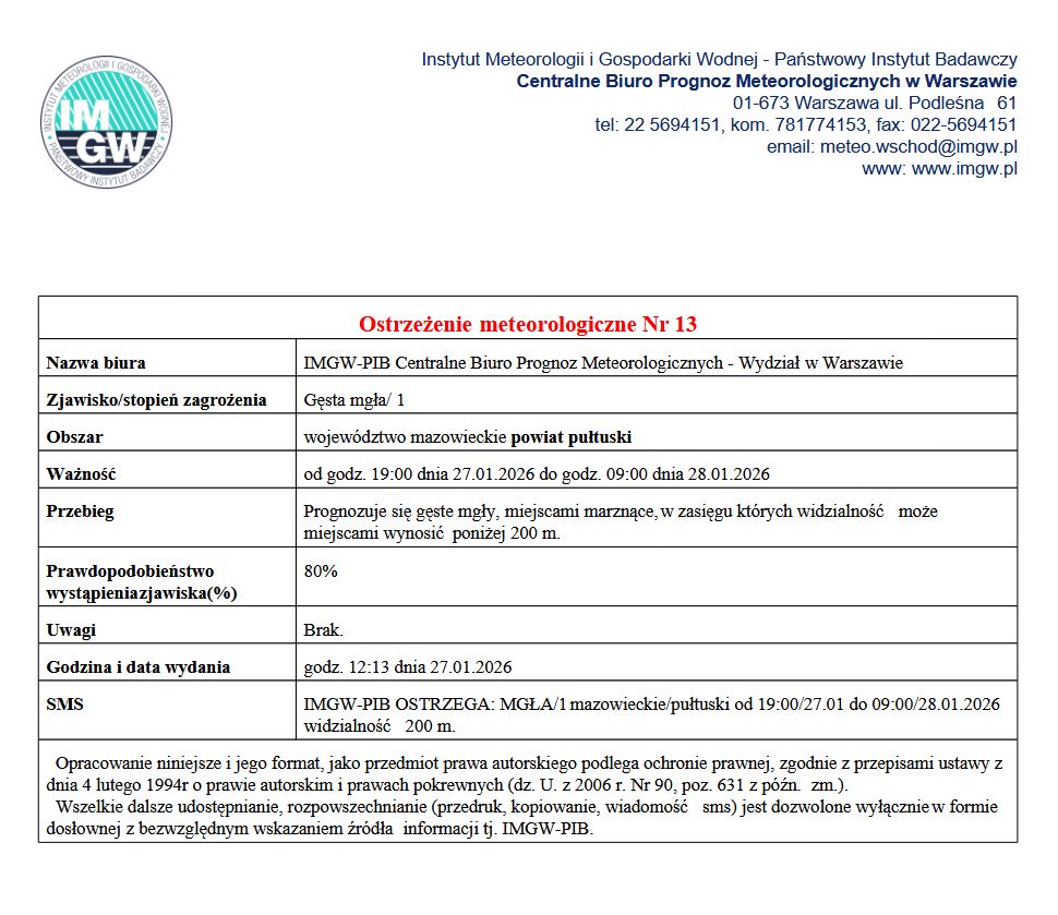 OSTRZEŻENIE O GĘSTEJ MGLE 27.01.2026 r.