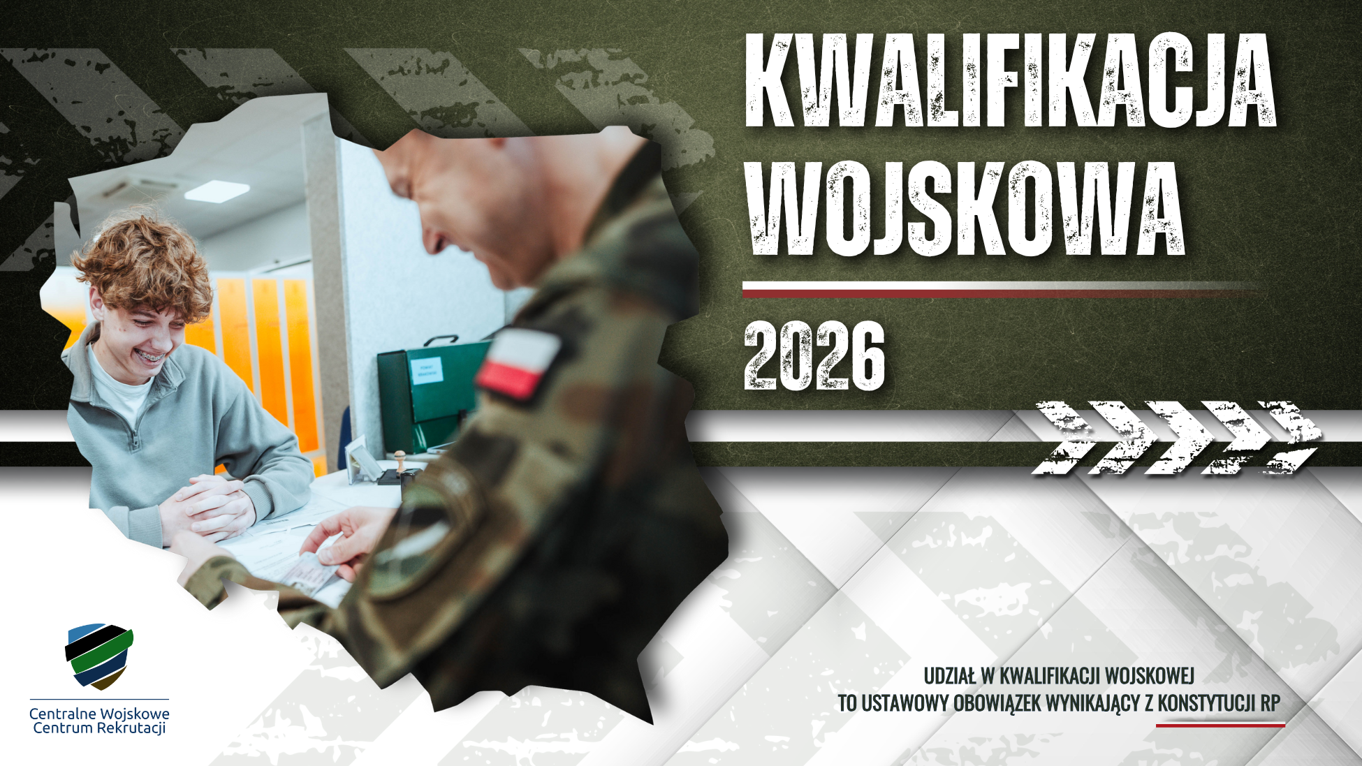 KWALIFIKACJA WOJSKOWA 2026 (Obrazek wyróżniający zawierający informację: UDZIAŁ W KWALIFIKACJI WOJSKOWEJ TO USTAWOWY OBOWIĄZEK WYNIKAJĄCY Z KONSTYTUCJI RP, oraz logo Centralne Wojskowe Centrum Rekrutacji