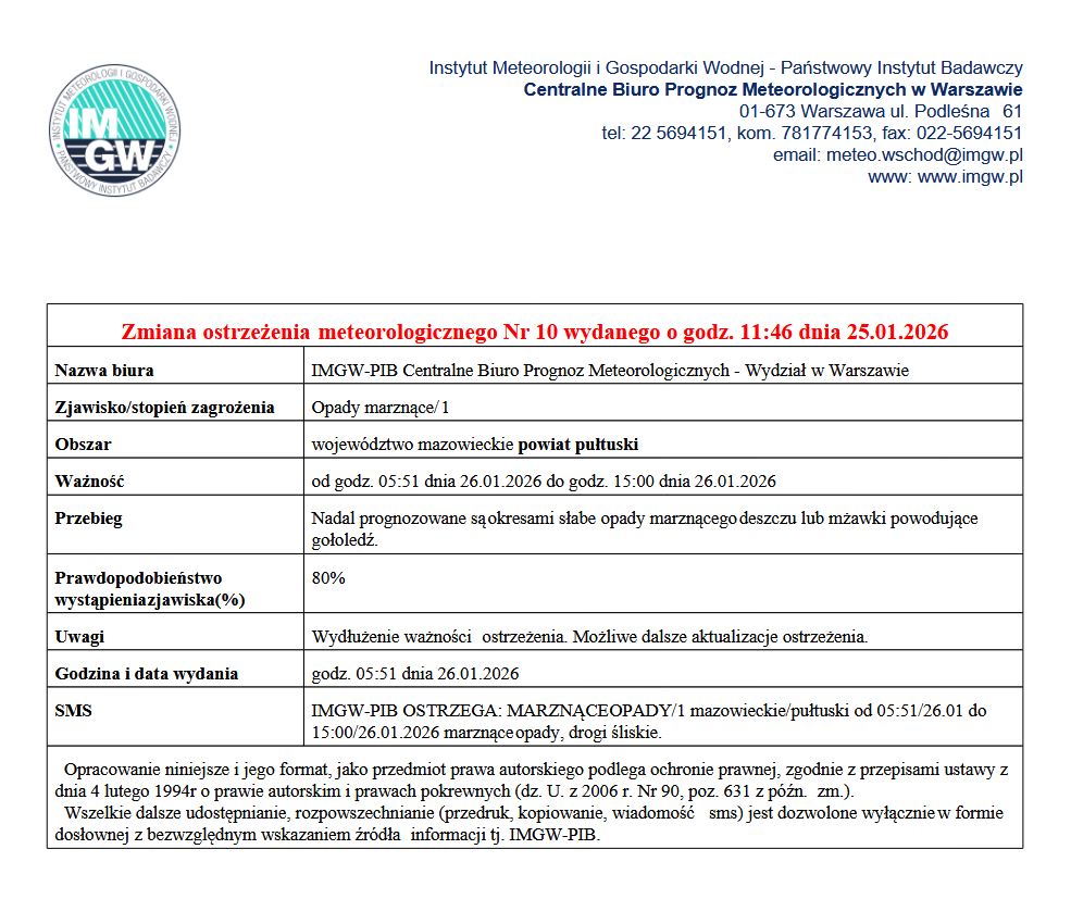 OSTRZEŻENIE O MARZNĄCYCH OPADACH 26.01.2026 r.