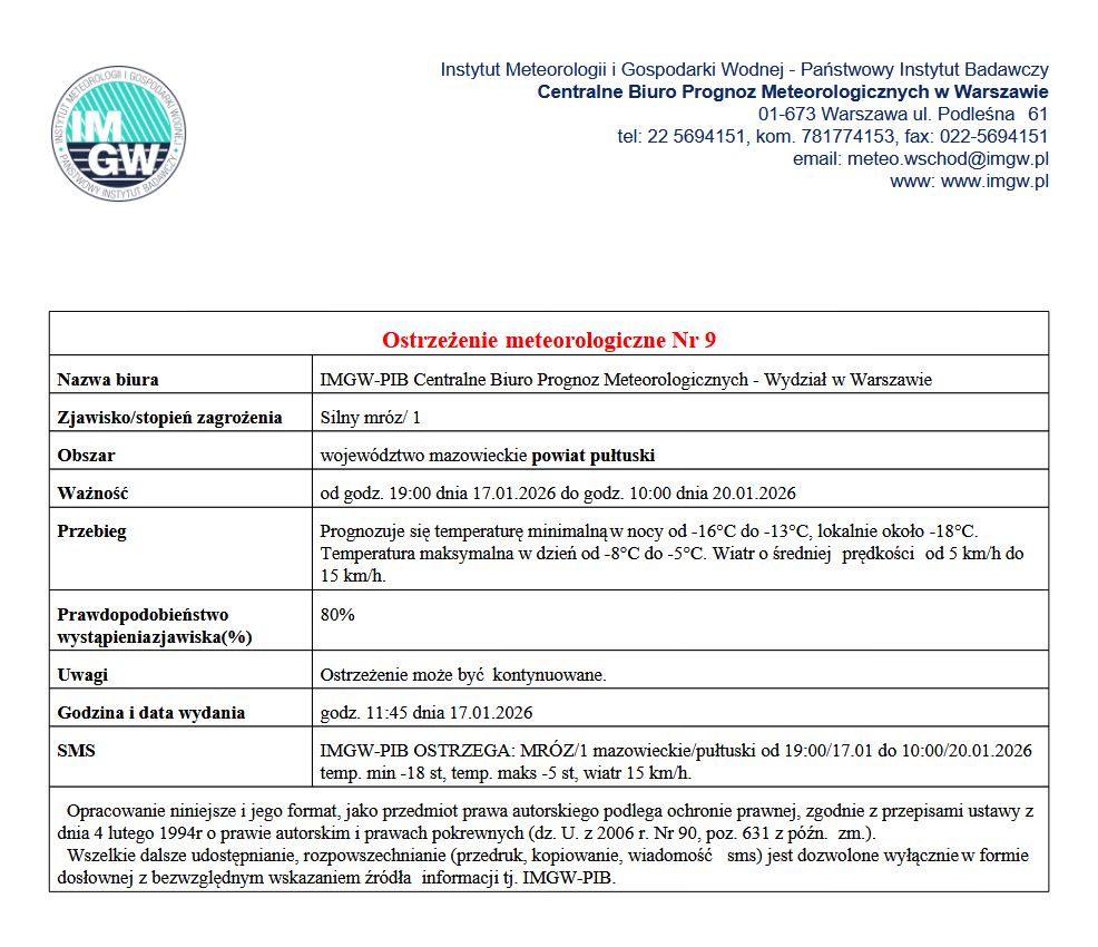 OSTRZEŻENIE O SILNYM MROZIE 19.01.2026