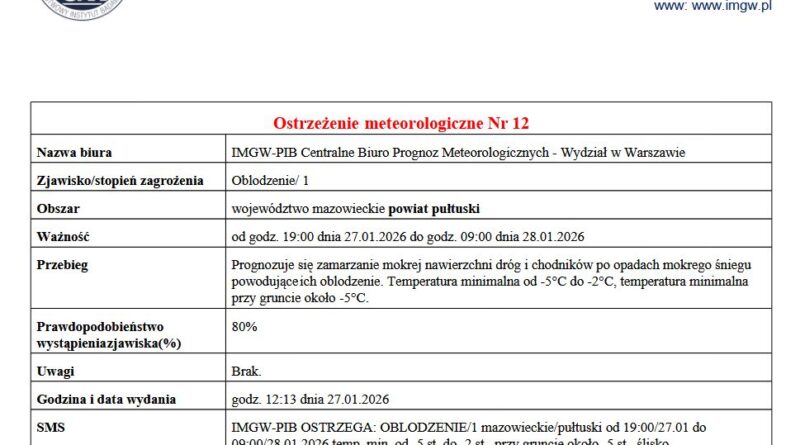 OSTRZEŻENIE O OBLODZENIU 27.01.2026 r.
