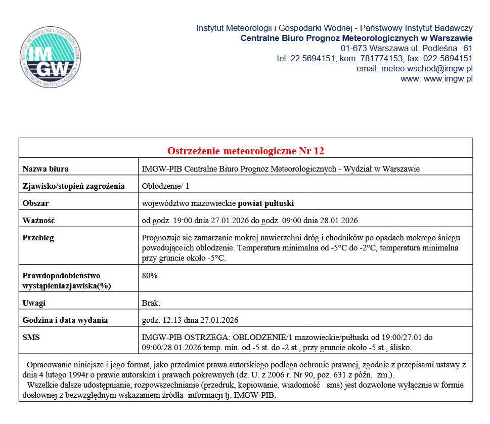 OSTRZEŻENIE O OBLODZENIU 27.01.2026 r.