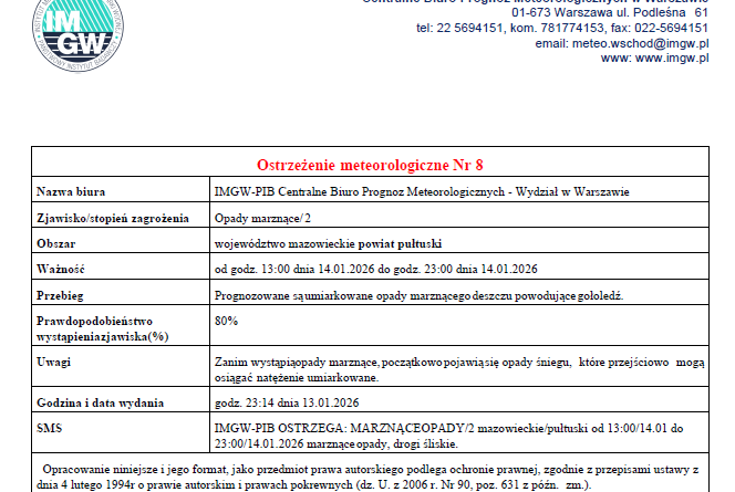 OSTRZEŻENIE O MARZNĄCYCH OPADACH 14.01.2026 r.