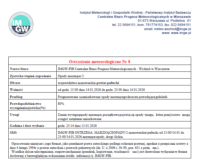 OSTRZEŻENIE O MARZNĄCYCH OPADACH 14.01.2026 r.