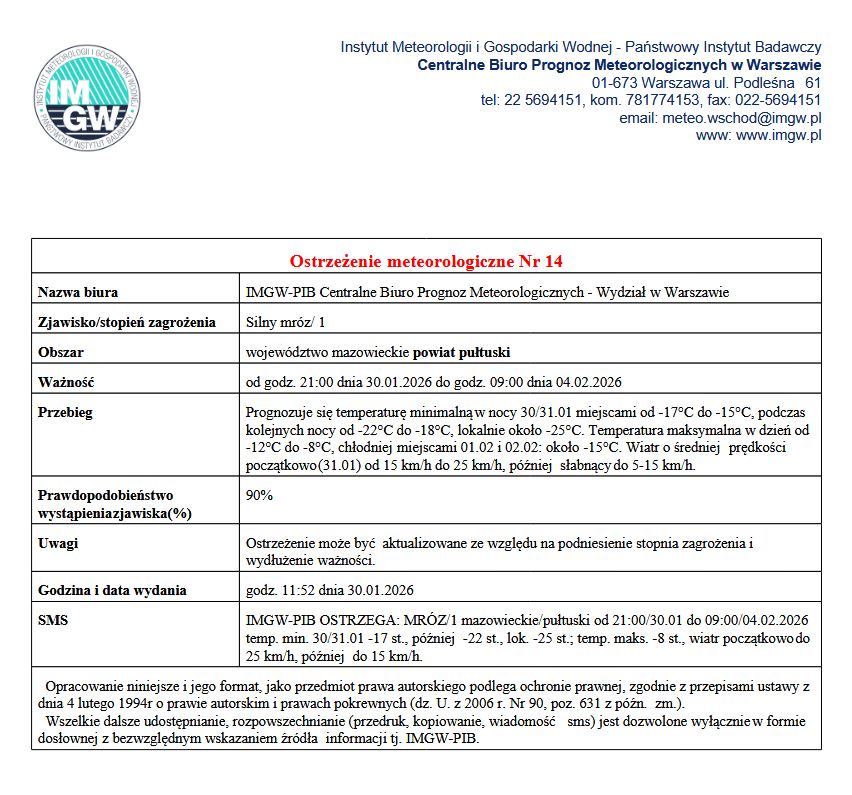 OSTRZEŻENIE O SILNYM MROZIE 30.01.2026