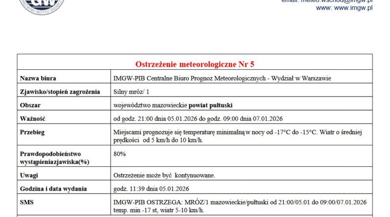 OSTRZEŻENIE O SILNYM MROZIE 05.01.2026 r.