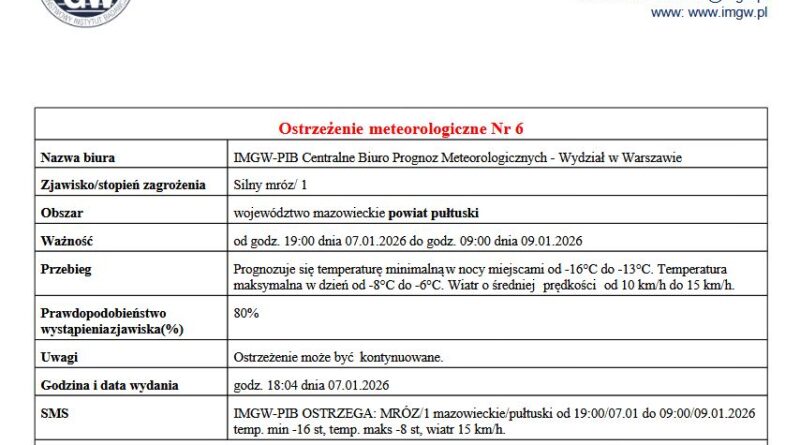 OSTRZEŻENIE O SILNYM MROZIE 07.01.2026