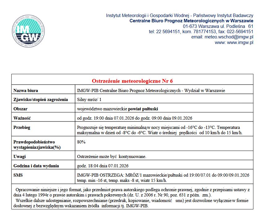 OSTRZEŻENIE O SILNYM MROZIE 07.01.2026
