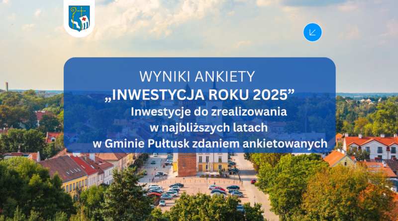 WYNIKI ANKIETY "INWESTYCJA ROKU 2025" Inwestycje do zrealizowania w najbliższych latach w Gminie Pułtusk zdaniem mieszkańców (Plansza tytułowa zawierająca Herb Gminy Pułtusk oraz zdjęcie pułtuskiego Rynku)