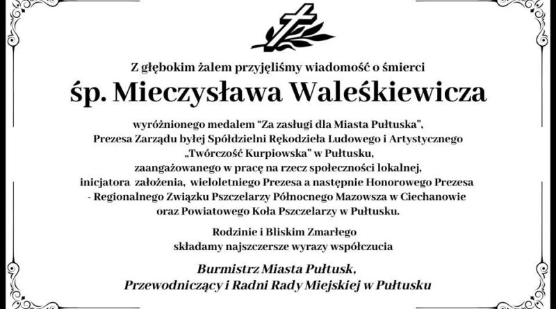 Kondolencje dla rodziny Pana Mieczysława Waleśkiewicza