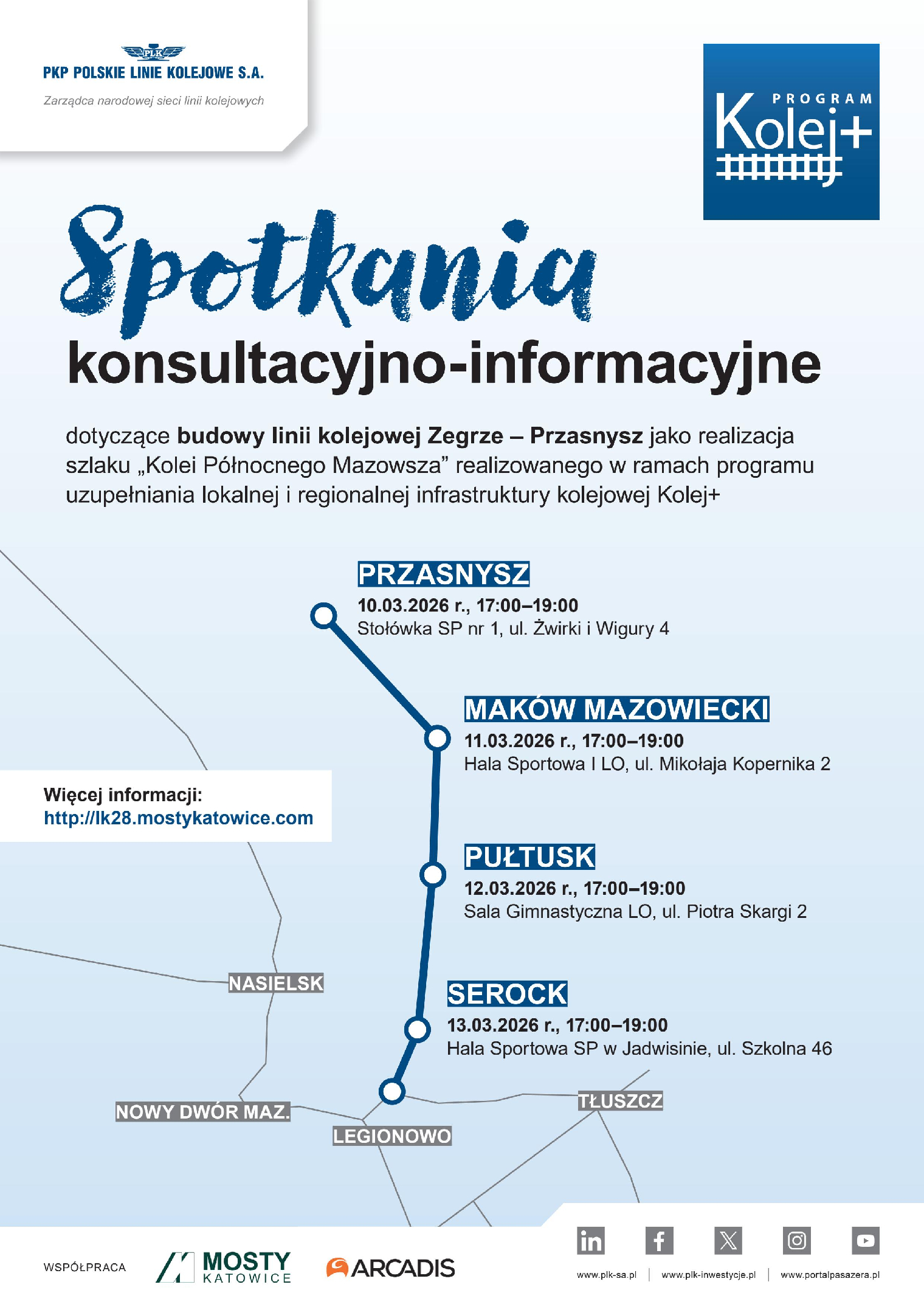 Plakat o Spotkaniach konsultacyjno-informacyjnych dot. budowy linii kolejowej Zegrze - Przasnysz