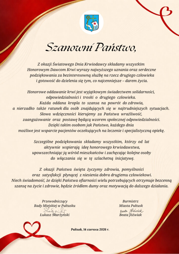 Z okazji Światowego Dnia Krwiodawcy składamy wszystkim Honorowym Dawcom Krwi wyrazy najwyższego uznania oraz serdeczne podziękowania za bezinteresowną służbę na rzecz drugiego człowieka i gotowość (2)
