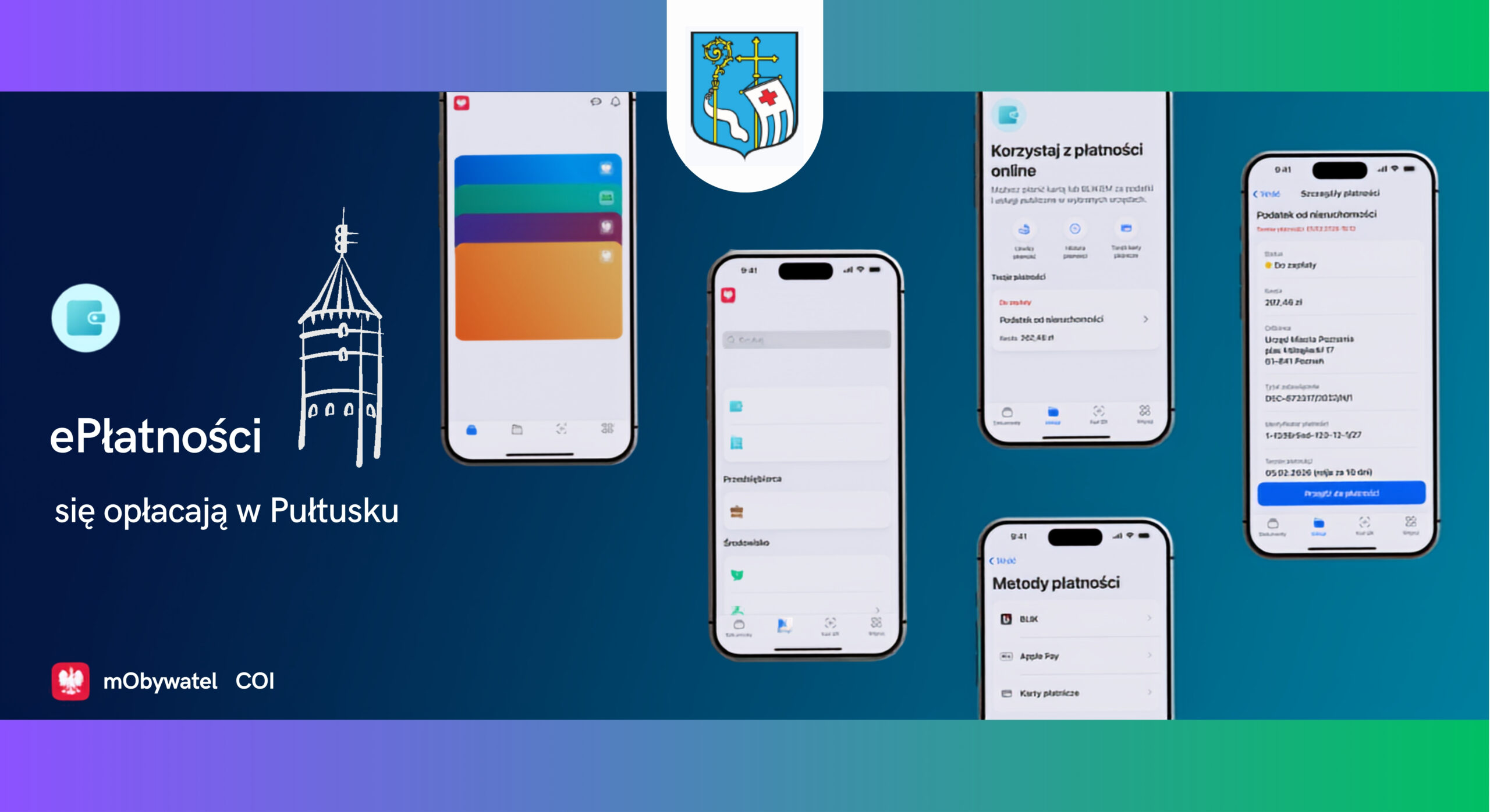 Obrazek wyróżniający dot. aplikacji mObywatel (Obrazek przedstawia: Herb Gminy Pułtusk, loga: ePłatności, Pułtusk, m obywatel oraz zdjęcia telefonów z otwartą aplikacją mObywatel