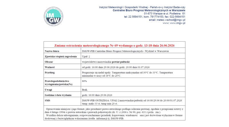 OSTRZEŻENIE O UPAŁACH 29.06.2026 r.