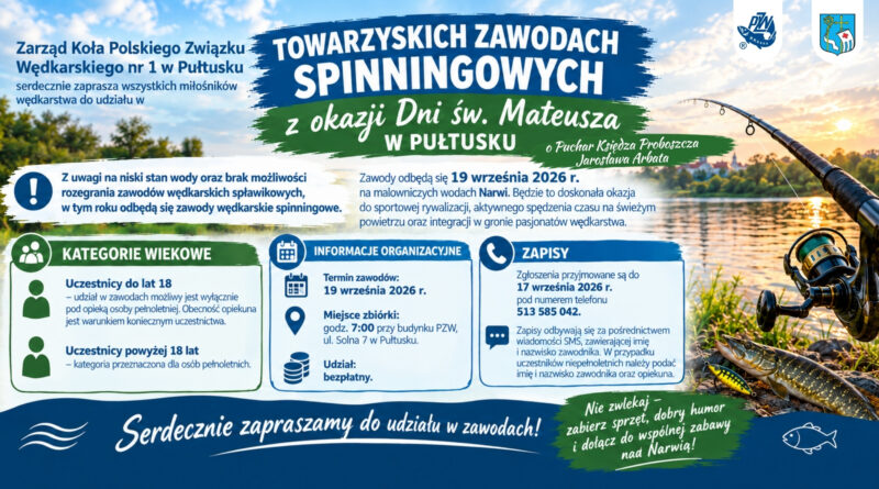 Zarząd Koła Polskiego Związku Wędkarskiego nr 1 w Pułtusku serdecznie zaprasza wszystkich miłośników wędkarstwa do udziału w TOWARZYSKICH ZAWODACH SPINNINGOWYCH z okazji Dni św. Mateusza w PUŁTUSKU Z uwagi na niski stan wód oraz brak możliwości rozegrania zawodów wędkarskich spławikowych, w tym roku odbędą się zawody wędkarskie spinningowe. Zawody odbędą się 19 września 2026 r. na malowniczych wodach Narwi. Będzie to doskonała okazja do sportowej rywalizacji, aktywnego spędzenia czasu na świeżym powietrzu oraz integracji w gronie pasjonatów wędkarstwa. KATEGORIE WIEKOWE Uczestnicy do lat 18 – udział w zawodach możliwy jest wyłącznie pod opieką osoby pełnoletniej. Obecność opiekuna jest warunkiem koniecznym uczestnictwa. Uczestnicy powyżej 18 lat – kategoria przeznaczona dla osób pełnoletnich. INFORMACJE ORGANIZACYJNE Termin zawodów: 19 września 2026 r. Miejsce zbiórki: godz. 7:00 przy budynku PZW, ul. Solna 7 w Pułtusku. Udział: bezpłatny. ZAPISY Zgłoszenia przyjmowane są do 17 września 2026 r. pod numerem telefonu 513 585 042. Zapisy odbywają się za pośrednictwem wiadomości SMS, zawierającej imię i nazwisko zawodnika. W przypadku uczestników niepełnoletnich należy podać imię i nazwisko zawodnika oraz opiekuna. Nie zwlekaj, zabierz sprzęt, dobry humor i dołącz do wspólnej zabawy w pięknej scenerii nad Narwią! Serdecznie zapraszamy do udziału w zawodach!