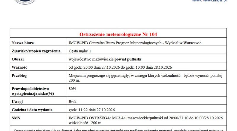 OSTRZEŻENIE O GĘSTEJ MGLE 27.10.2026 r.