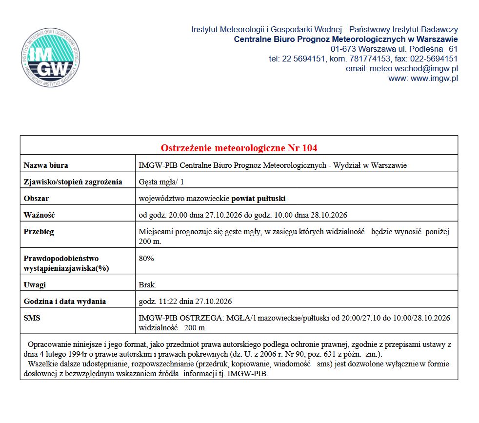 OSTRZEŻENIE O GĘSTEJ MGLE 27.10.2026 r.